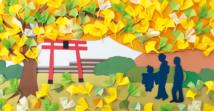みんなで作る壁面「いちょう舞う神社」