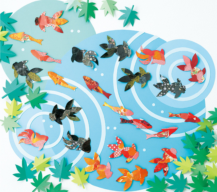 みんなで作る壁面「水に遊ぶ金魚」